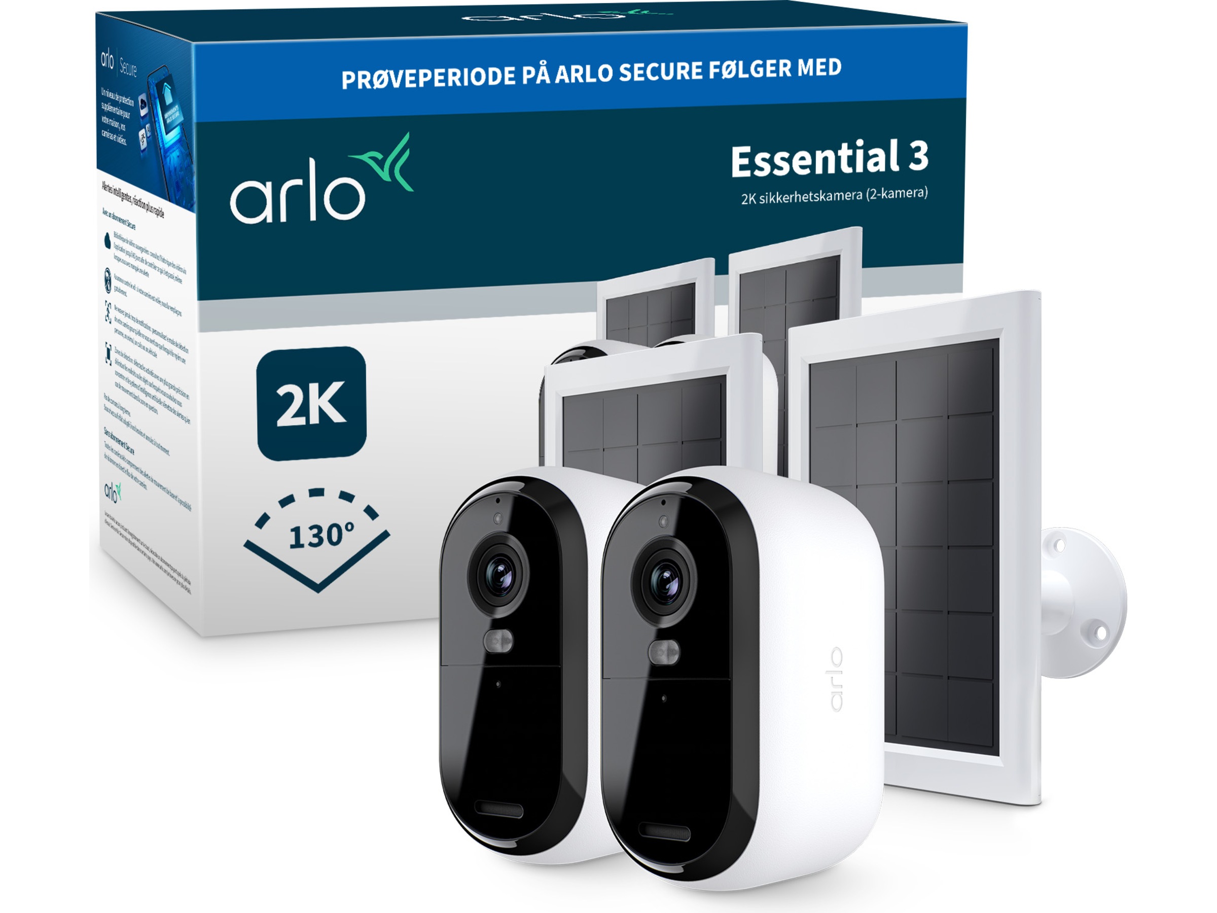 Arlo Essential 3 2K utendørs overvåkningskamera 2-pack + solcellepanel Overvåkningskameraer