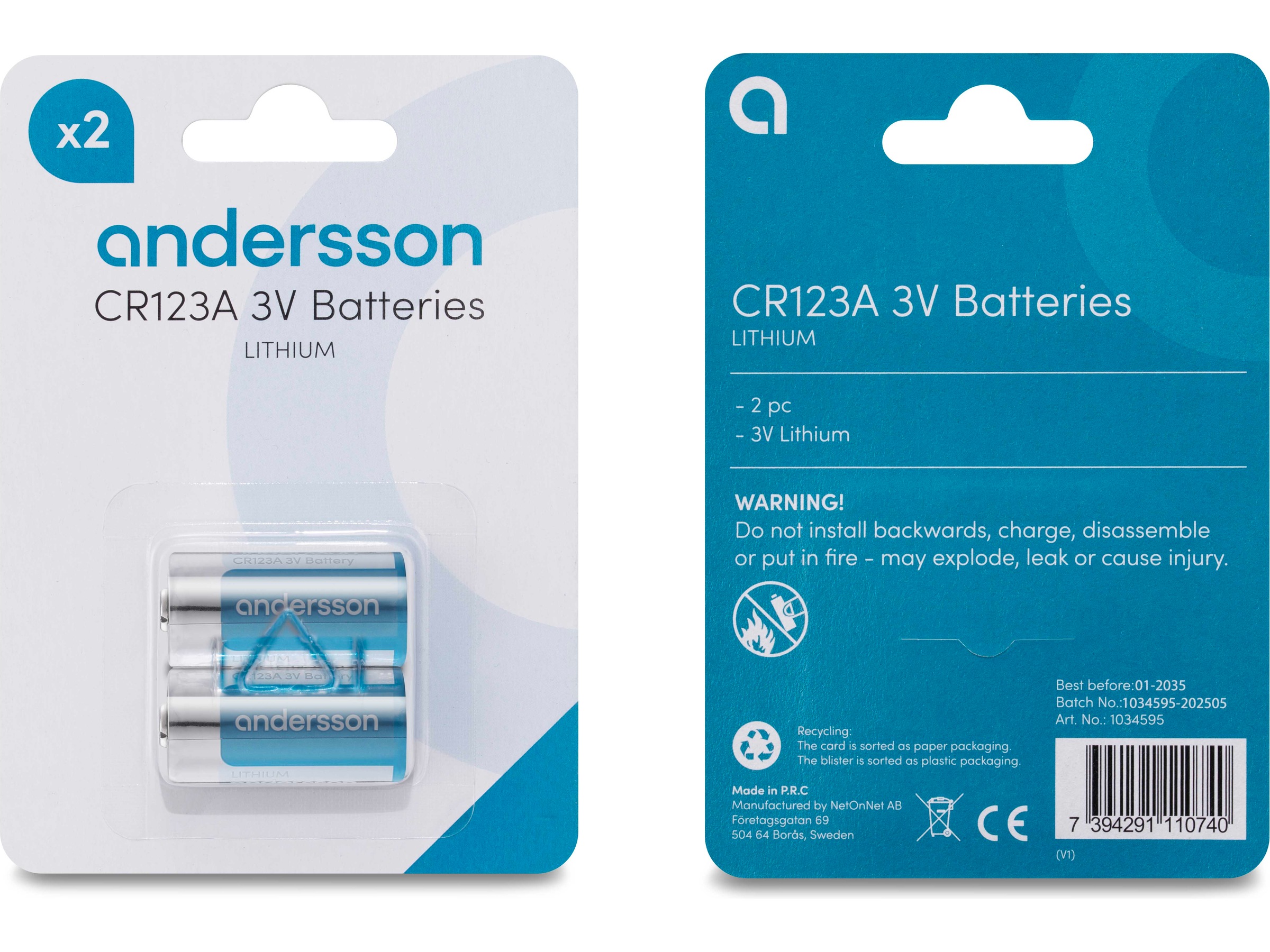 Andersson CR123A litiumbatteri 2-pk Batterier til generell bruk
