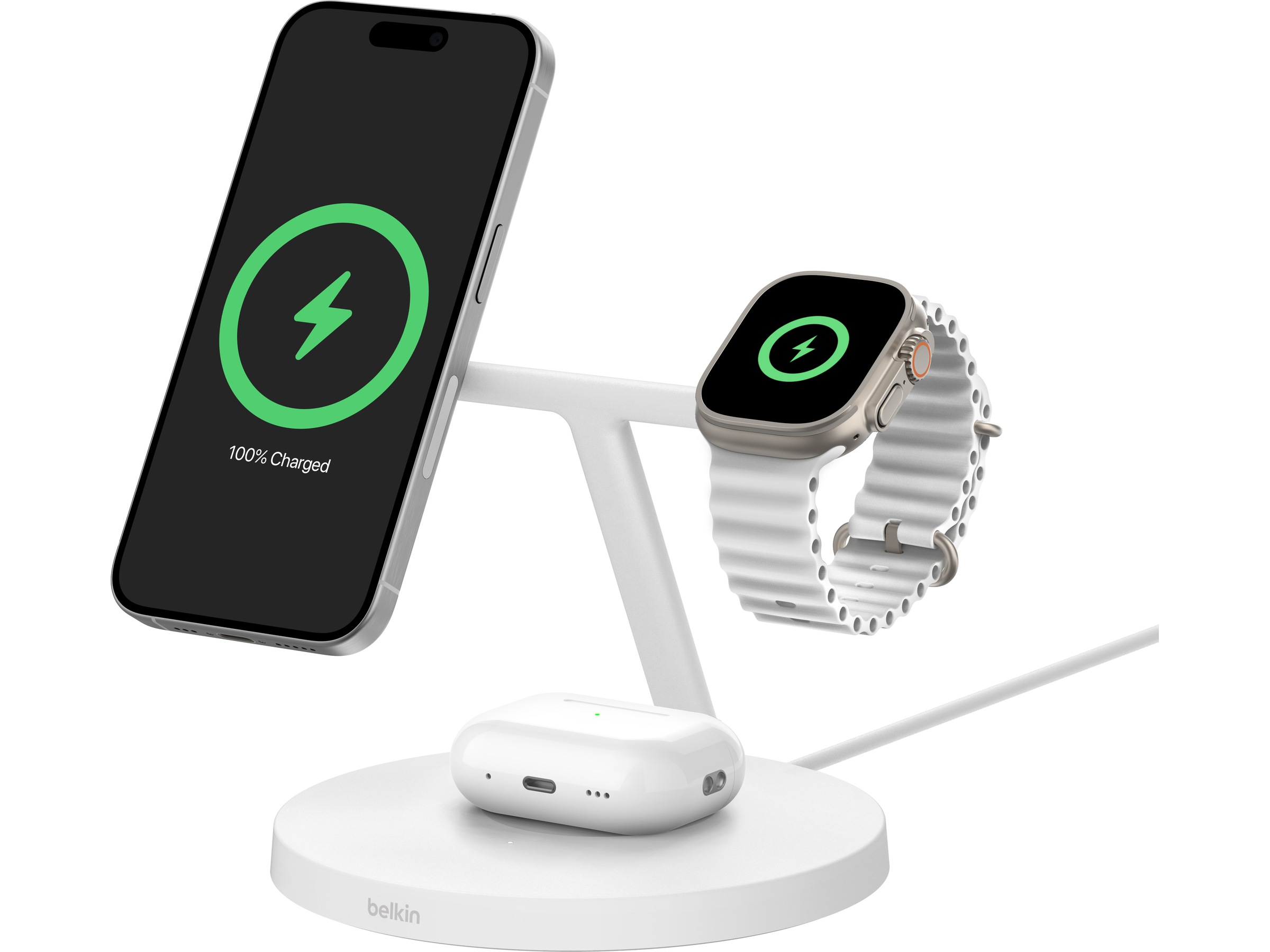 Belkin 3-in-1 Qi2 15W Ladestativ (hvit) Trådløs lader