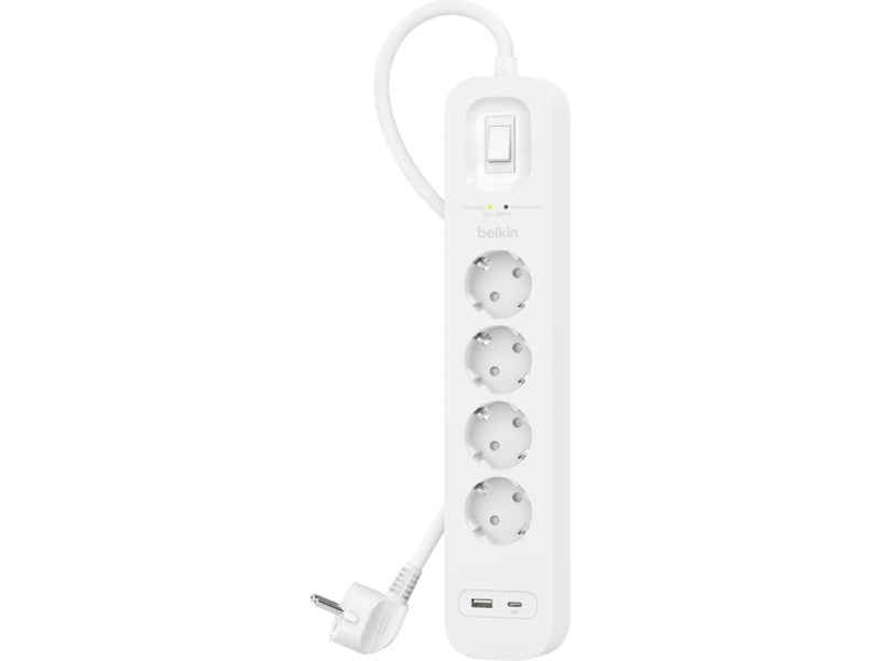 Belkin Strømforgrener 4x uttak og  2x USB 2m (hvit) Overspenningsvern