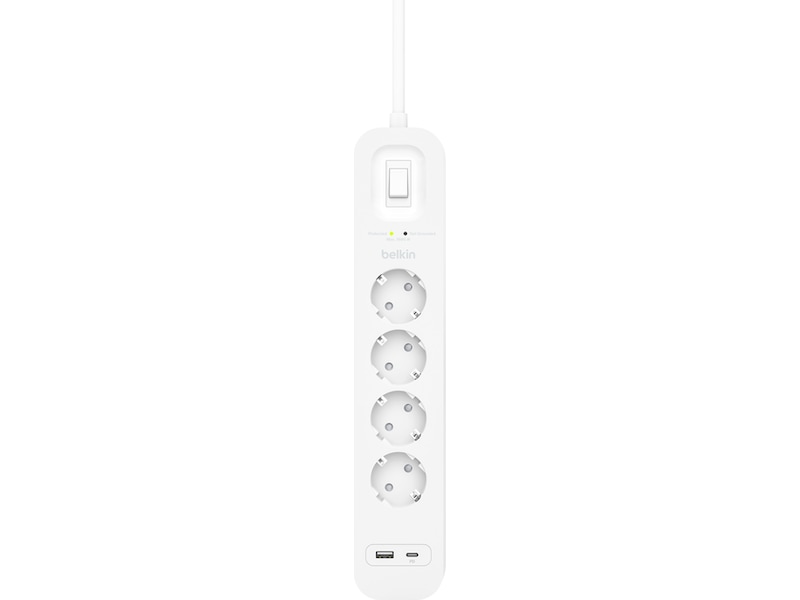 Belkin Strømforgrener 4x uttak og  2x USB 2m (hvit) Overspenningsvern