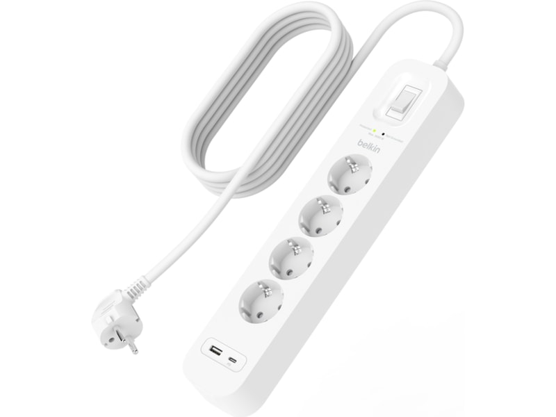 Belkin Strømforgrener 4x uttak og  2x USB 2m (hvit) Overspenningsvern