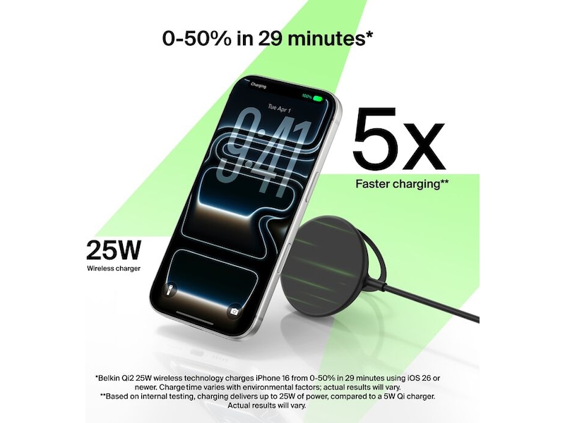Belkin UltraCharge magnetisk ladeplate 25W Qi2 med stativ (svart) Trådløs lader
