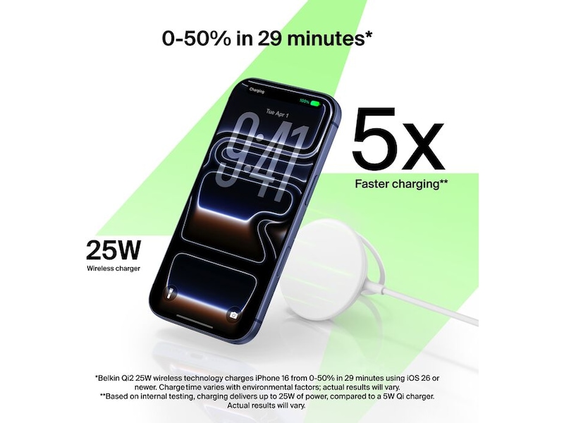 Belkin UltraCharge magnetisk ladeplate 25W Qi2 med stativ Trådløs lader