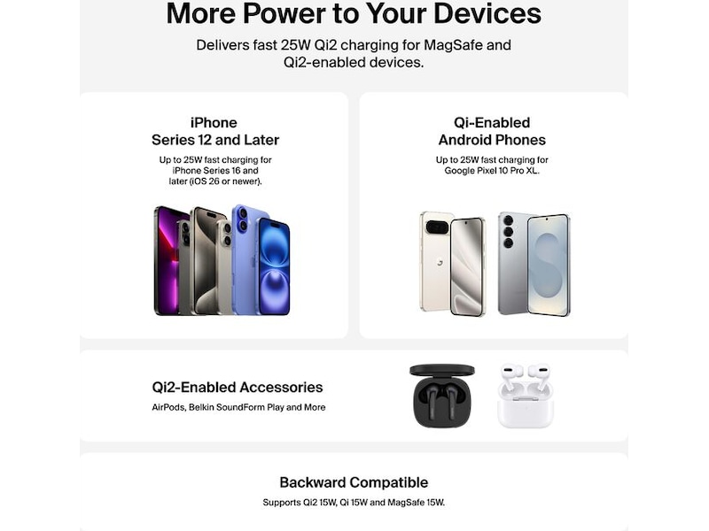 Belkin UltraCharge magnetisk ladeplate 25W Qi2 med stativ Trådløs lader