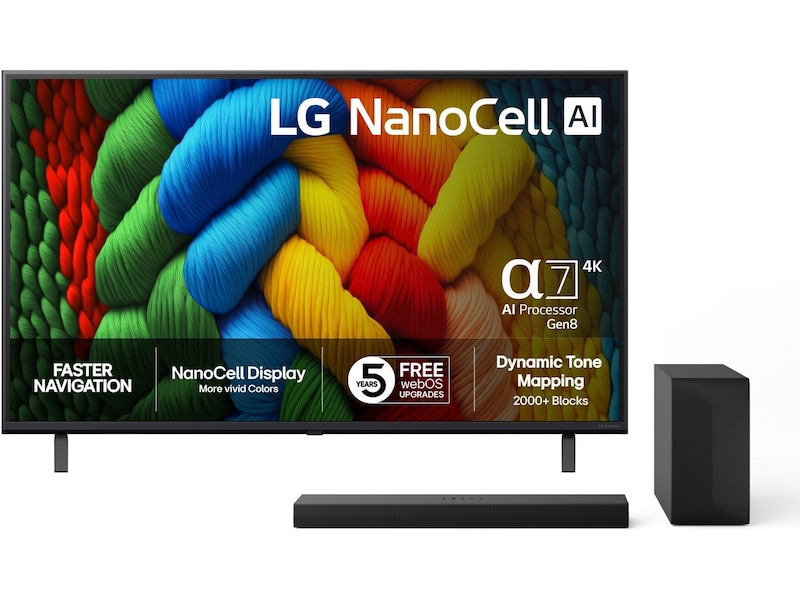 LG 43" NANO80 AI 4K NanoCell Smart-TV (2025) + Soundbar  20 - 49 tommer TV