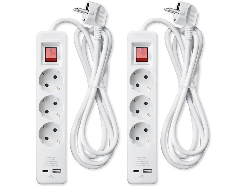 Andersson strømforgrener 3x uttak og 2x USB 1,5m 2pk (hvit) Skjøtekabel & forgrener
